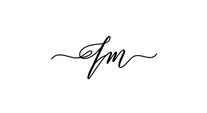 Elegant handwritten script JM monogram logo, calligraphic signature initials, black ink on white background