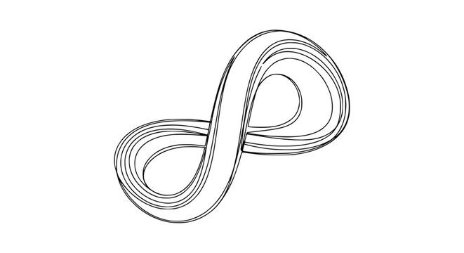 Abstract infinite loop symbol, endless ribbon, continuous flow, mathematical concept, black and white line art