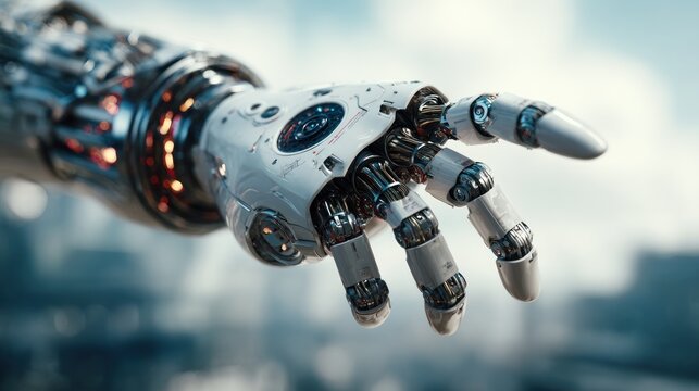Close-up of a futuristic robotic hand with intricate mechanical details and sleek design