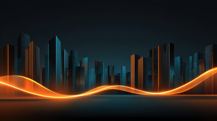 Fototapeta premium Futuristic city skyline with glowing orange wave and dark blue night background abstract urban background futuristic city city skyline glowing wave neon light dark background urban scene