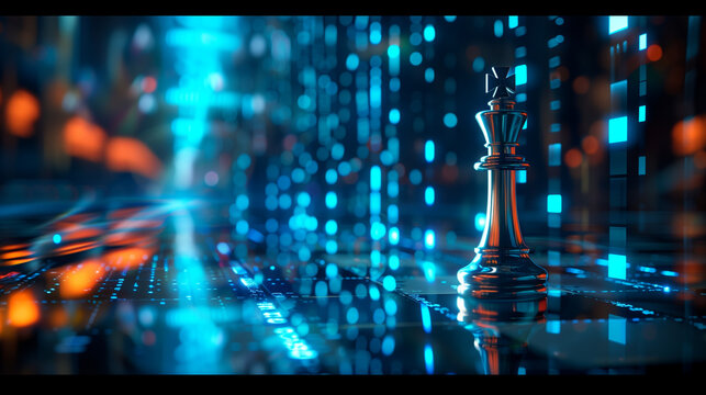 Glowing chess pieces on digital network background, business strategy