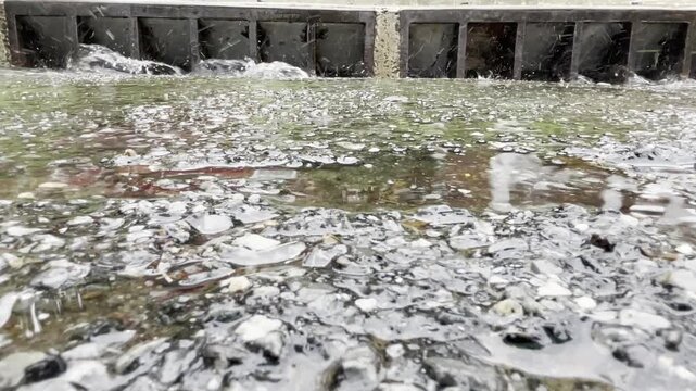 water rushing into a storm drain on the street during a rain storm