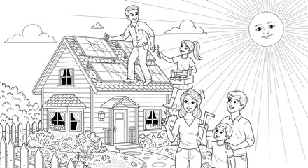 Obraz premium Family installing solar panels on house roof coloring page