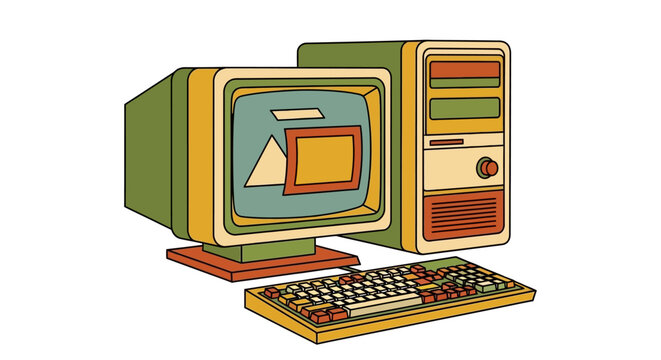 Computer Vintage Style Desktop Setup Illustration with Classic Design