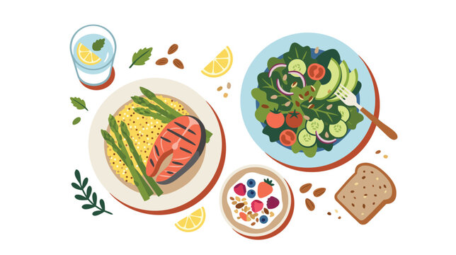 Healthy balanced meal set with grilled salmon and salad illustration