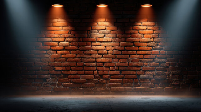 Dark brick wall background with warm spotlight and empty concrete floor, cinematic industrial texture