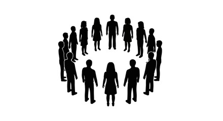 A circular formation of diverse human silhouettes stands together on a white background, symbolizing unity, community, and teamwork. © Nevi