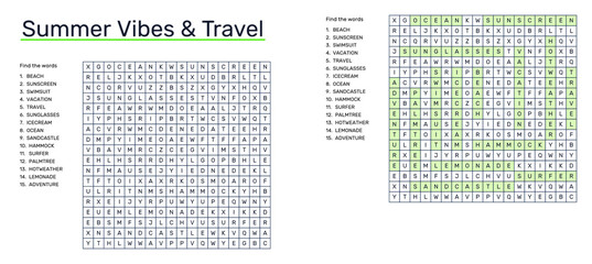 Word seek puzzle sheet with summer vibes and travel theme   © Vladislav