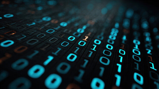 Futuristic binary code background with glowing blue digit stream and shallow depth of field, digital data pattern, abstract technology concept