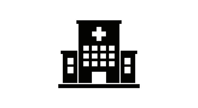 A stylized black icon of a hospital building with a cross symbol represents healthcare services and medical facilities.