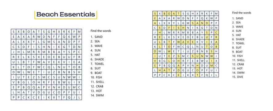 Beach Essentials Word Search puzzle sheet with summer vocabulary game  
