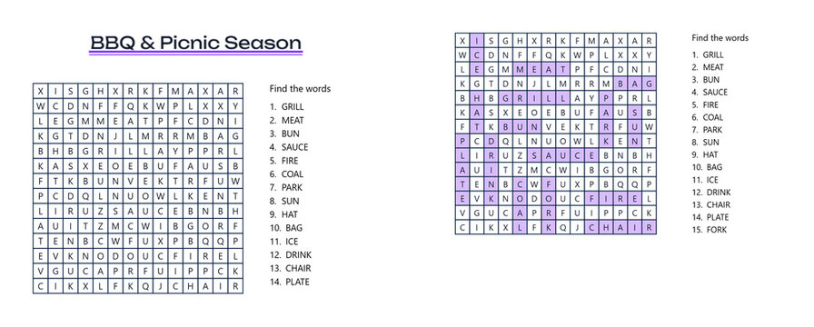 Word seek puzzle sheet featuring BBQ and picnic season themes  