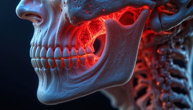 Human skull profile highlights pain in the jawbone with glowing red light.