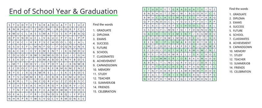 Word seek puzzle sheet featuring end of school year and graduation  