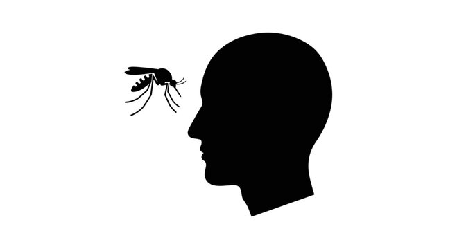 The profile silhouette of a human head is shown with a mosquito vector positioned near the forehead, illustrating the concept of disease transmission and annoyance.