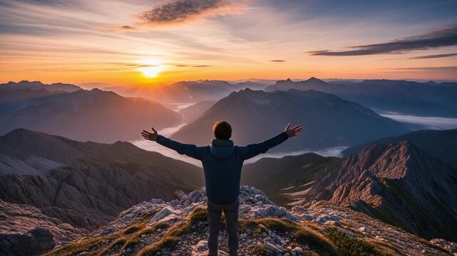 Young man standing on mountain peak with arms outstretched at sunrise enjoying freedom and success