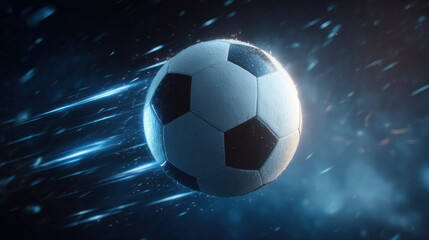 Naklejka premium Soccer ball in motion with blue light trail against dark background, dynamic sport action and fast speed energy
