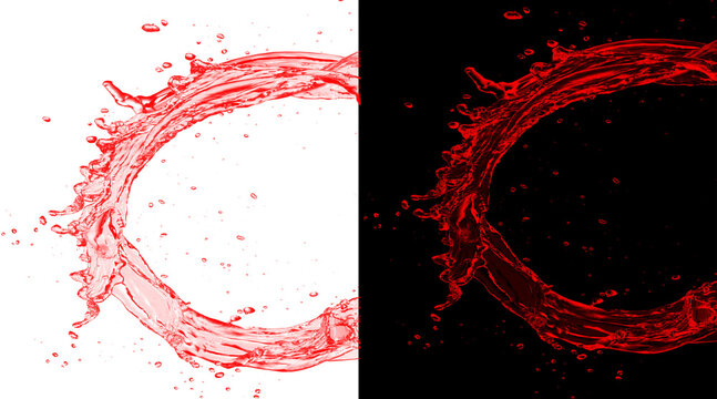 Red liquid splash circle in motion, dynamic wine or juice water crown, vibrant crimson fluid swirl isolated on white and black backgrounds