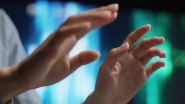 Ultra-close-up of gender-neutral hands, business-casual sleeve, precisely typing, swiping on futuristic interface, with vibrant blue, green, white bokeh. Technological mastery concept.