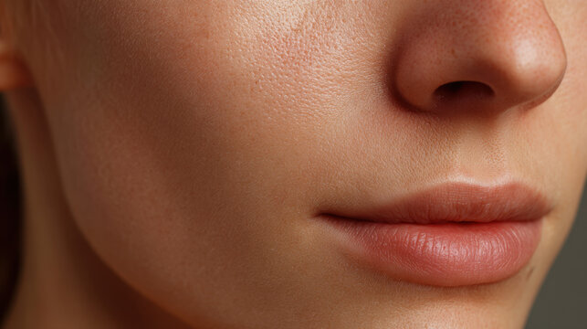 Close up skin texture of lower face and lips, soft natural beauty portrait with smooth complexion and detail