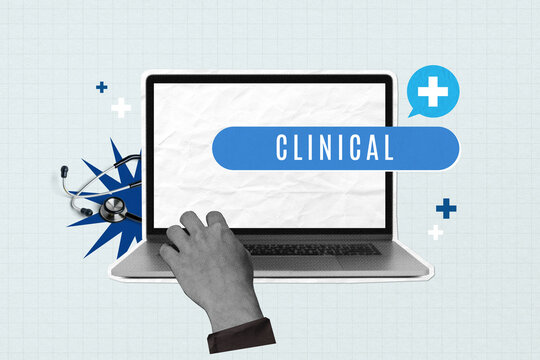Laptop with Clinical text, stethoscope, and medical symbols in a collage.