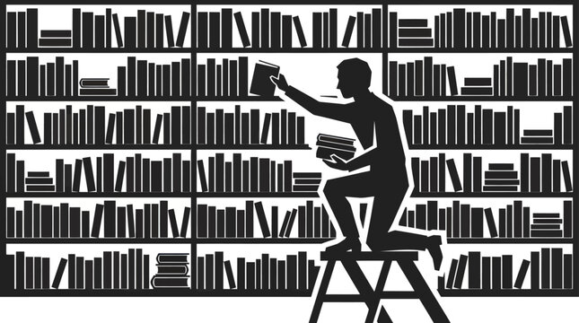 Silhouette of man reaching for book on library shelf, stacking books on stool