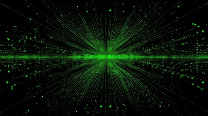 Fototapeta premium 緑色の点が放射状に広がるデジタル抽象背景。テクノロジーや未来的なデザインに適したイメージ