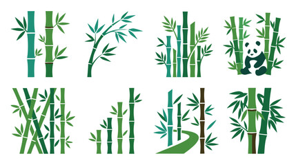 Set of bamboo plants, stems, leaves and panda bear illustration © NANDO