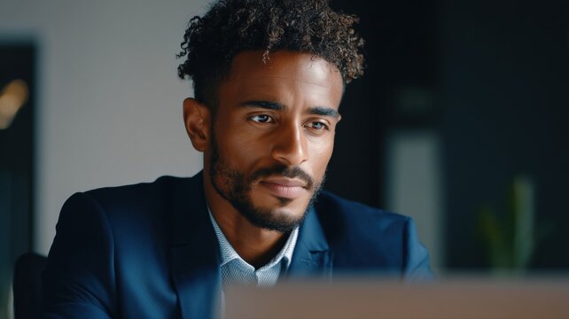 黒人男性がパソコン画面を見つめている姿。ビジネスやリモートワークのシーンに適したイメージ