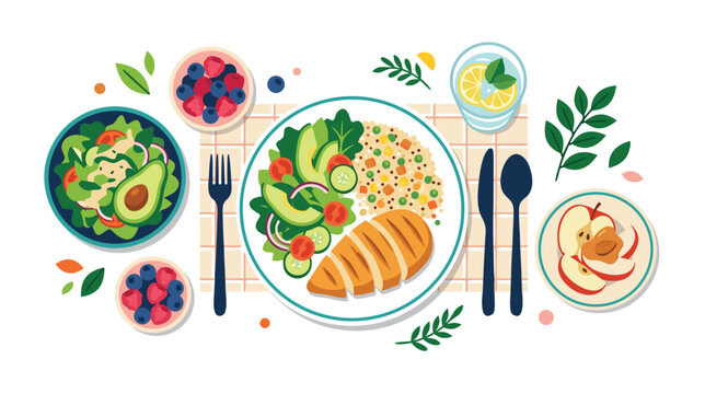Healthy balanced meal set with salad and fresh bread illustration