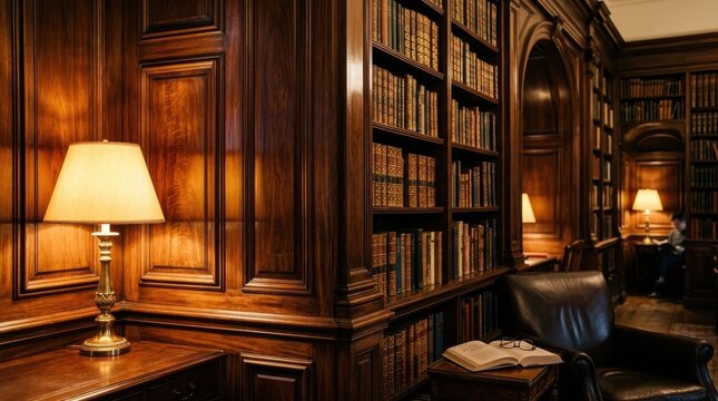 A dimly lit classic library corner with tall wooden bookshelves filled with antique books and an open book with glasses resting on a table.
