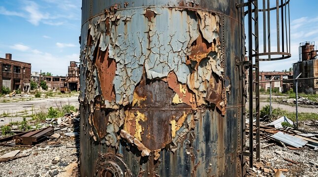 Close up of heavily rusted and peeling paint on an old industrial metal tank exterior