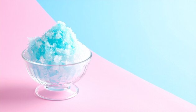 パステルブルーとピンクのマット背景に、小さなガラスボウル入りのかき氷を配置した超ミニマル構図。