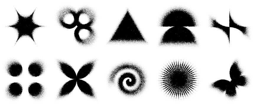 Blurred grainy triangle and gradient noise vortex, dotted ring or butterfly. Pattern texture of sun ang modern spark star with swirl burst spray. Blend flower paint for semicircle y2k abstract stencil