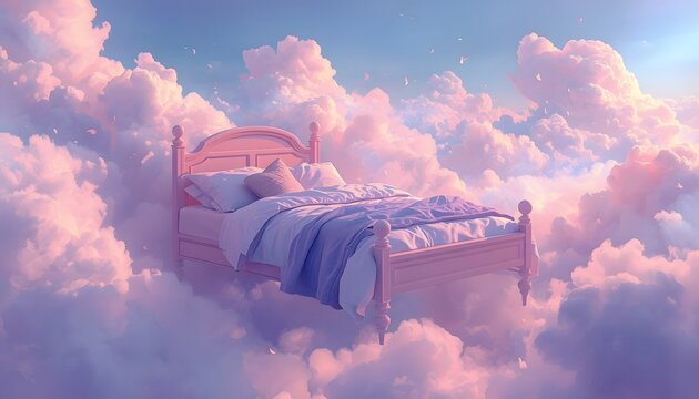Surreal dreamcore bed floating in pink clouds with nostalgic pastel lighting
