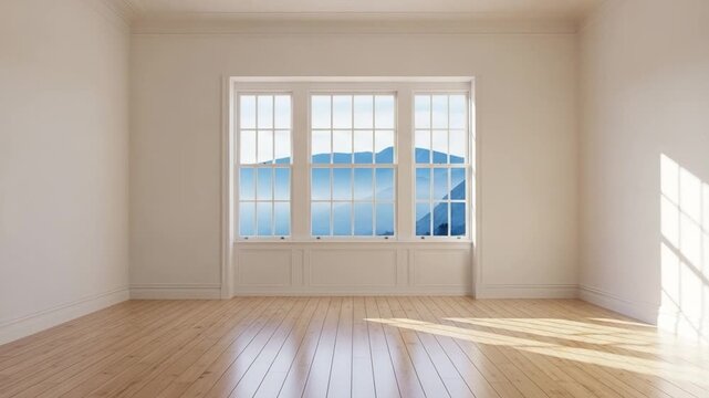 Empty Minimalist Room with Large Window and Mountain View for Interior Design Staging and Real Estate Background
