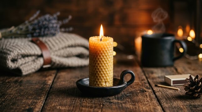 Burning Beeswax Candle in Rustic Holder on Wooden Table Creating Cozy Warmth