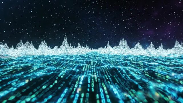 Digital Ocean Wave Horizon with Binary Code Waves and Starry Night Sky - Futuristic Abstract