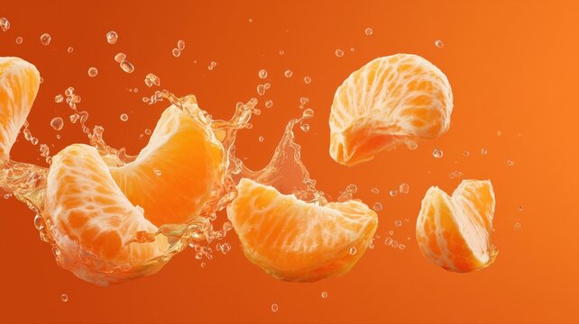 みずみずしいみかんの房が水しぶきをあげて飛んでいる様子。フルーツやジュースの広告や健康イメージに最適な素材