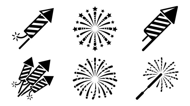 Collection of black and white fireworks icons and rockets for celebrations and holidays