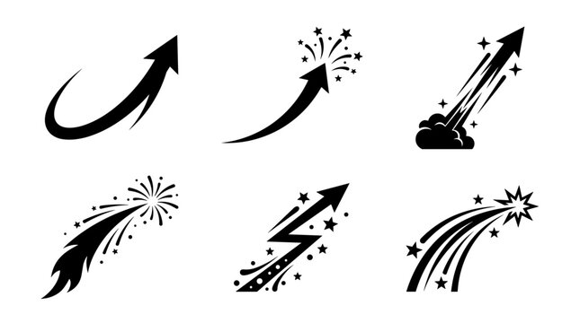 Set of black arrow icons representing growth success and speed with stars and fireworks effects
