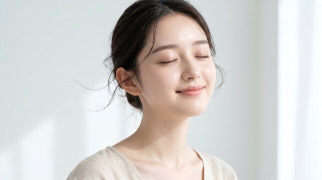 目を閉じて微笑む穏やかなアジアの若い女性、マインドフルで平和な表情、美容とスキンケアのコンセプト