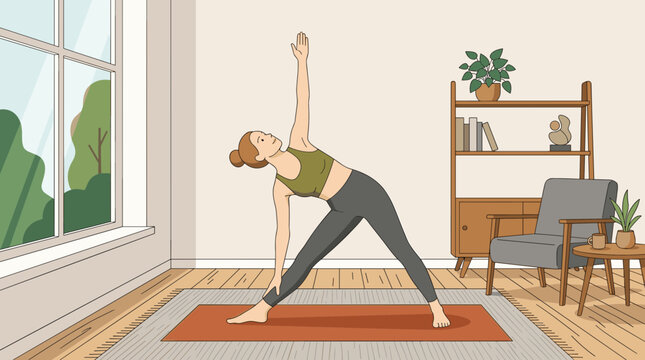 Woman practicing yoga triangle pose at home in a bright living room with plants and bookshelf