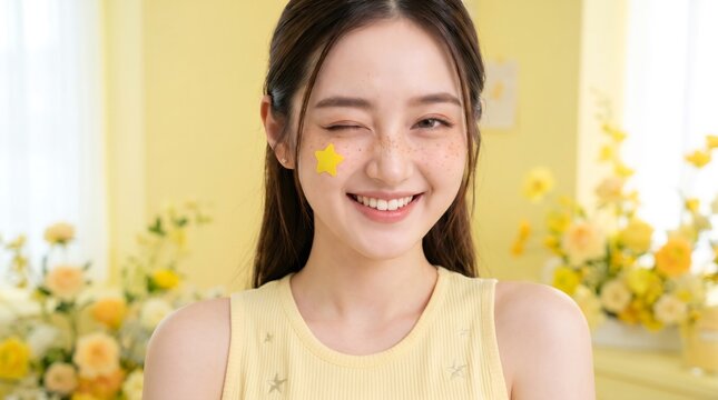 頬に黄色い星のステッカーを貼ってウィンクする陽気なアジアの若い女性、明るい花柄の背景の遊び心のあるポートレート