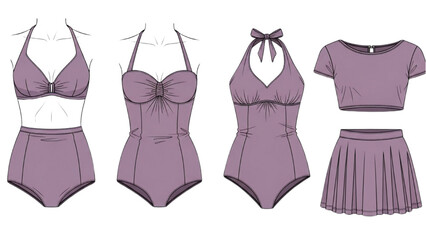 Fashion designer creates 2D CAD Vector illustrations of women's purple swimsuits and outfits on white © Stock Image Paradise