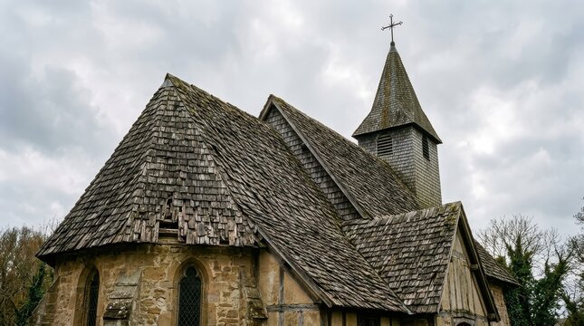 Historic Stone Church with Weathered Wooden Roof and Steeple