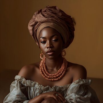 African Woman with Brown Gele Head wrap and Coral Beads Elegant Portrait