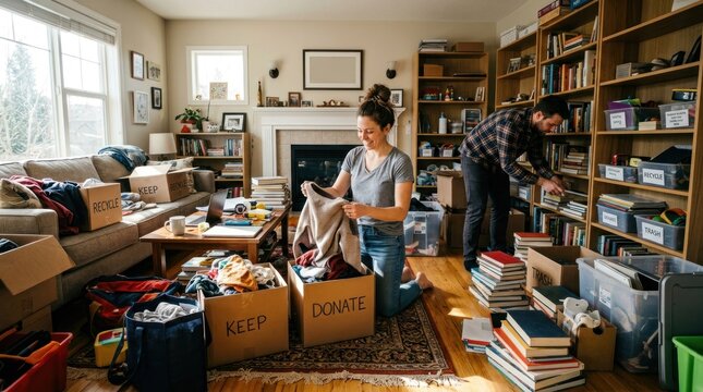Couple Packing Boxes for Moving Day in a Cluttered Living Room.