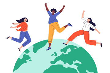 Fototapeta premium Diverse Global Community Illustration Featuring Women Celebrating on Earth Globe for International Success and Sustainability Hero Header Website Banner
