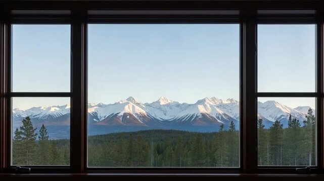 Scenic Mountain View Through Large Window Frame Overlooking Snowy Peaks and Pine Forest Landscape